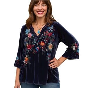 Johnny Was Navy Velvet Floral Embroidered V-Neck Blouse